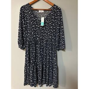 Kaileigh Stitch Fix Navy Floral Tiered Dress Womens Large NWT 3/4 Sleeve V-Neck